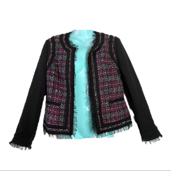 Luciano Dante Blazer Boxy Purple Tweed Cropped Coco Inspired Contrast Sleeves S - Picture 10 of 10